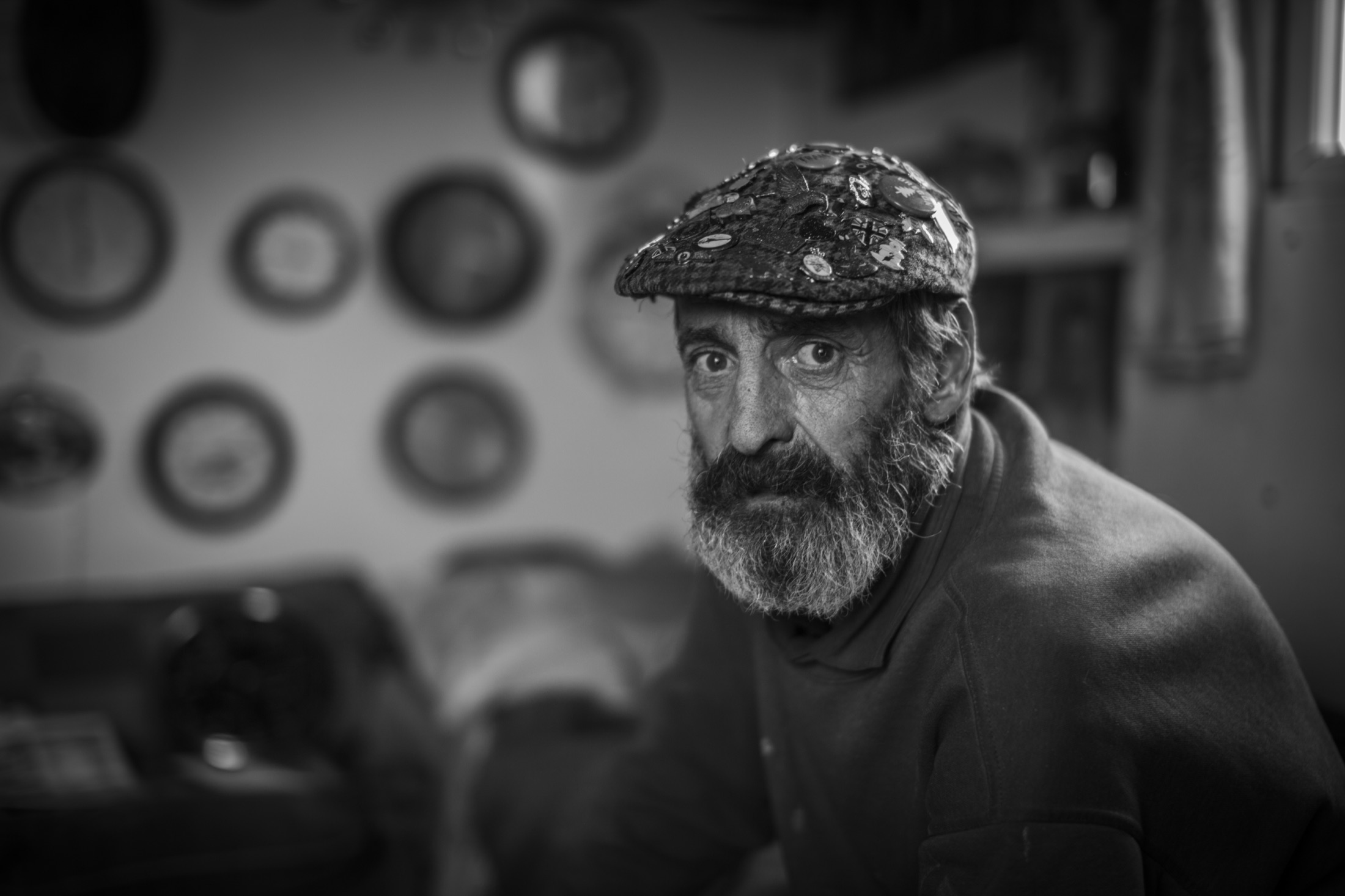 Black and white environmental portrait of a South Gare fisherman